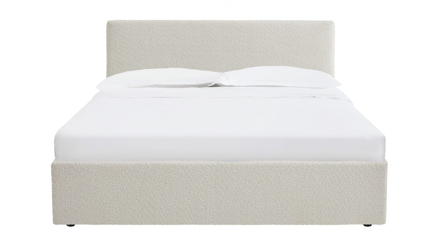 Ensemble Lit coffre adulte 160x200cm avec tête de lit en tissu bouclé beige - Tina + Matelas mémoire de forme - Memo HR