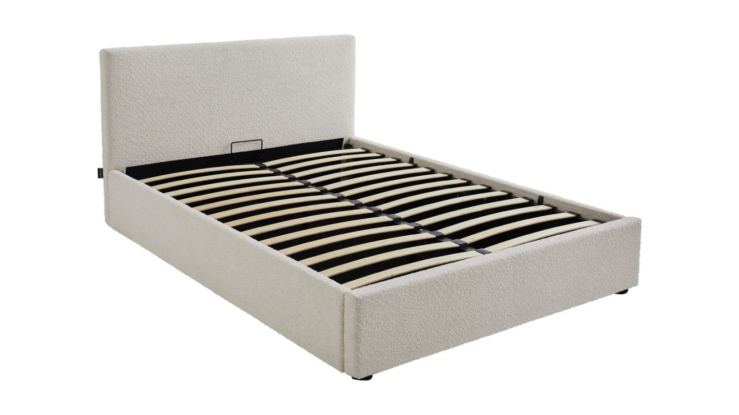 Ensemble Lit coffre adulte 160x200cm avec tête de lit en tissu bouclé beige - Tina + Matelas mémoire de forme - Memo HR