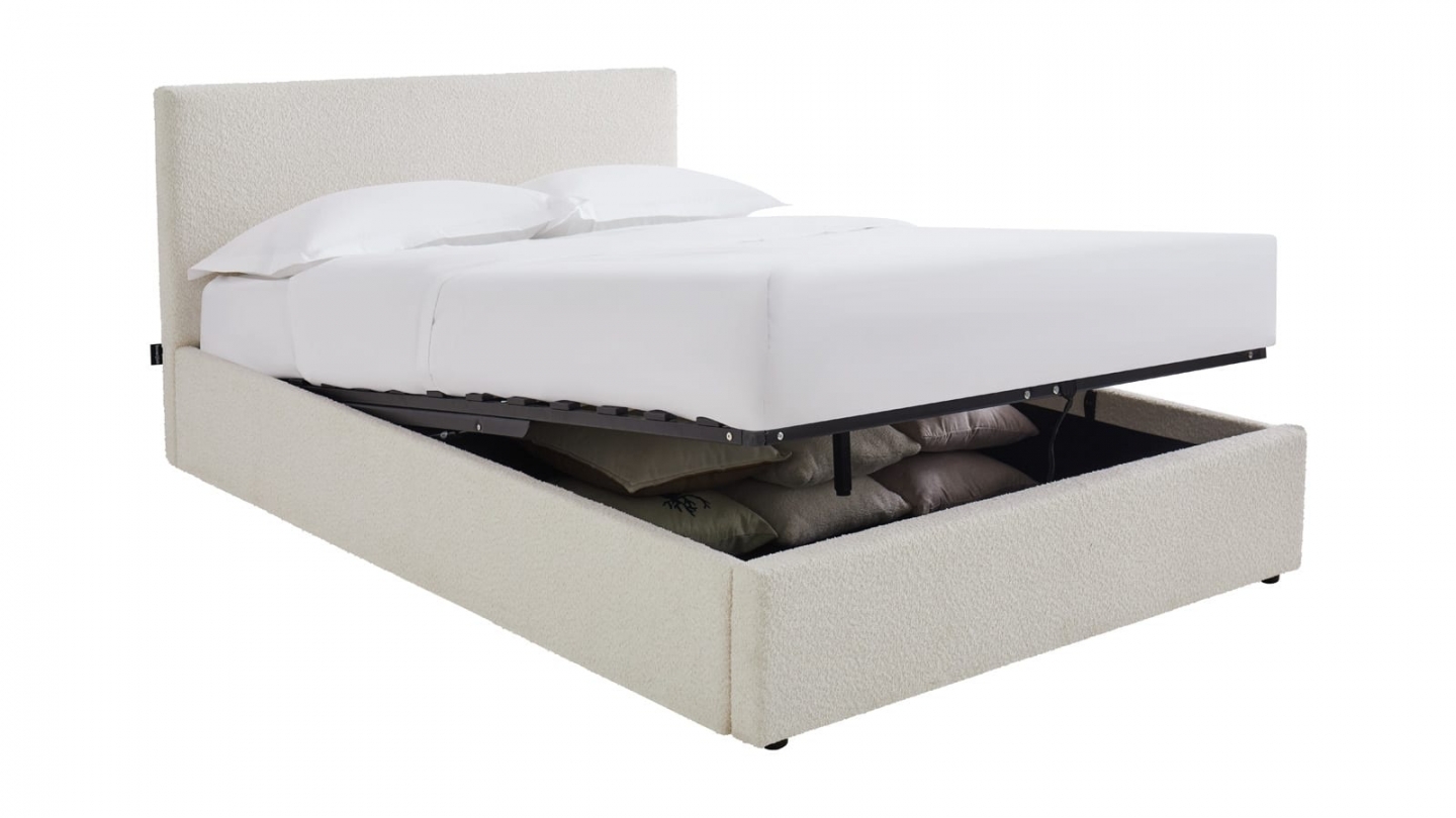 Ensemble Lit coffre adulte 160x200cm avec tête de lit en tissu bouclé beige - Tina + Matelas mémoire de forme - Memo HR