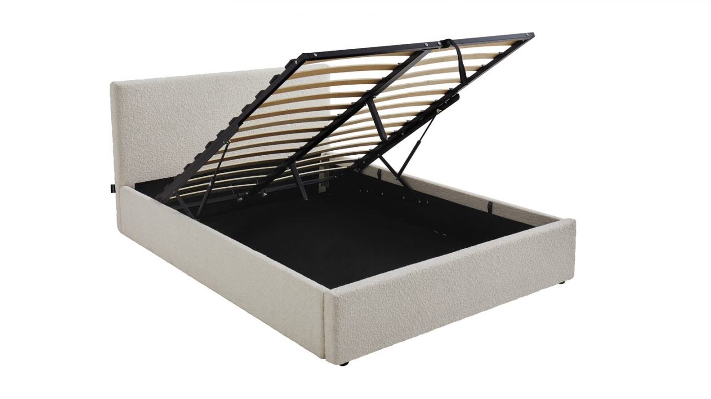 Ensemble Lit coffre adulte 160x200cm avec tête de lit en tissu bouclé beige - Tina + Matelas mémoire de forme - Memo HR