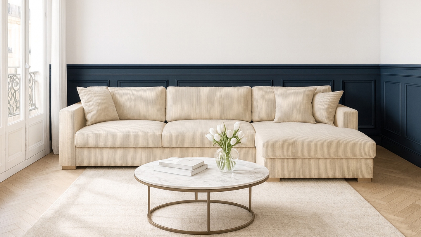 Canapé d'angle droit convertible 5 places en velours côtelé beige avec coffre de rangement - Collection Robin