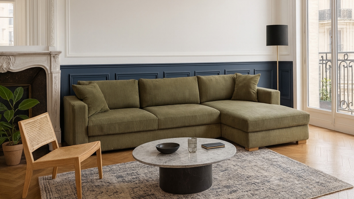 Canapé d'angle à droite convertible 5 places en velours côtelé vert kaki - Robin