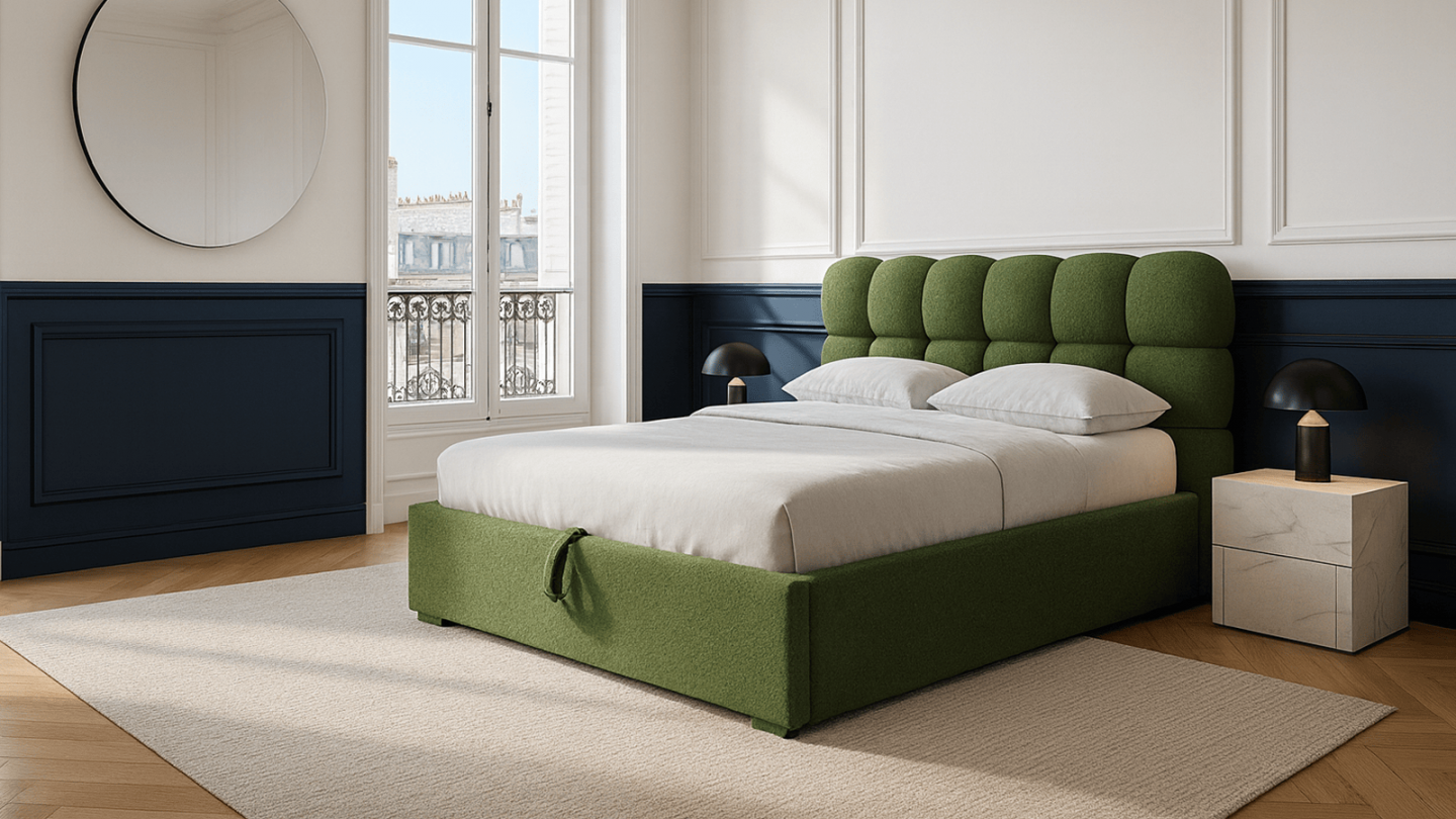 Lit coffre adulte 160x200 cm avec sommier et tête de lit capitonnée en tissu bouclé vert - Lola