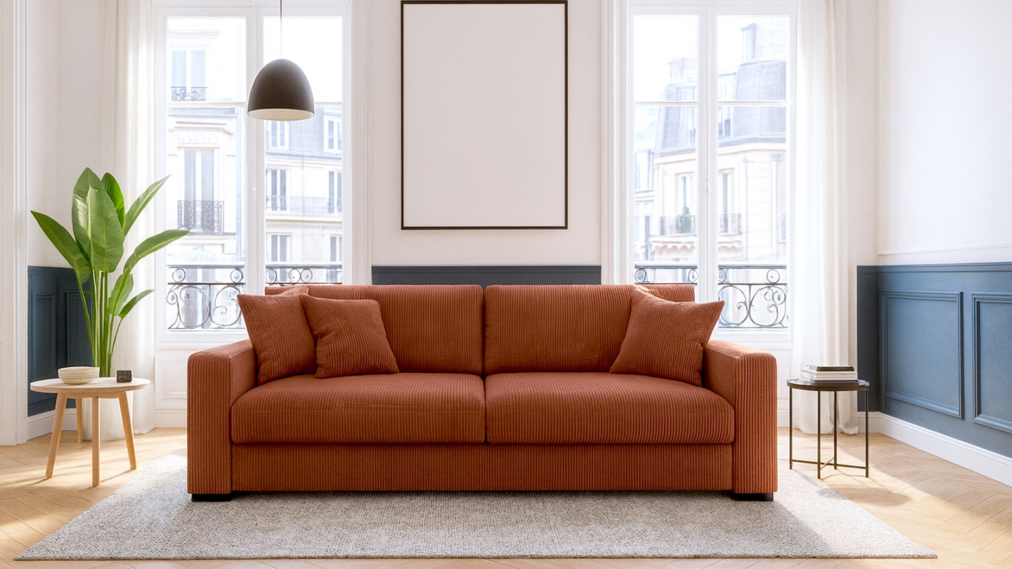 Canapé convertible 3 places en velours côtelé rouille avec coffre de rangement - Robin