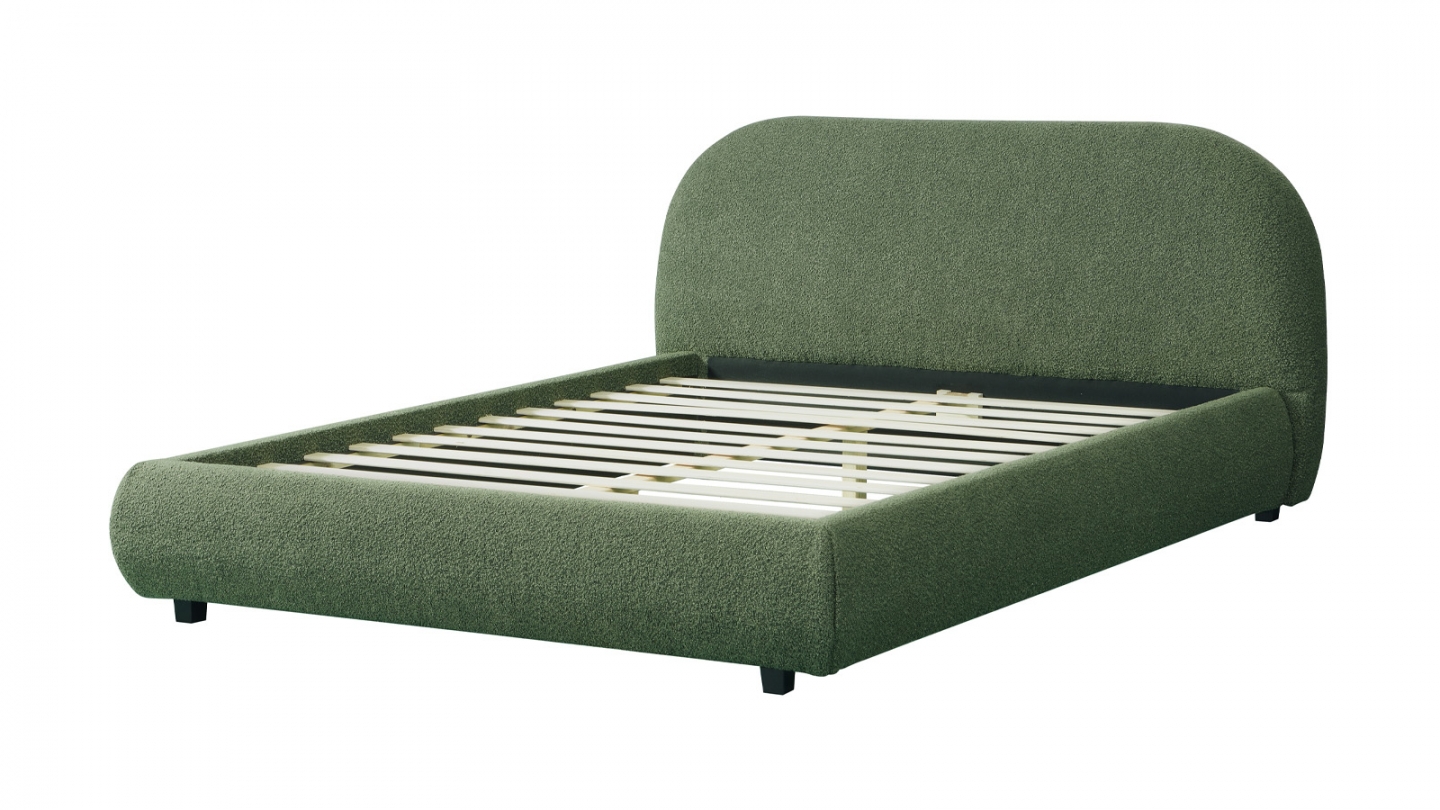 Lit adulte 140x190 cm avec sommier et tête de lit matelassée en tissu bouclé vert kaki - Maddie