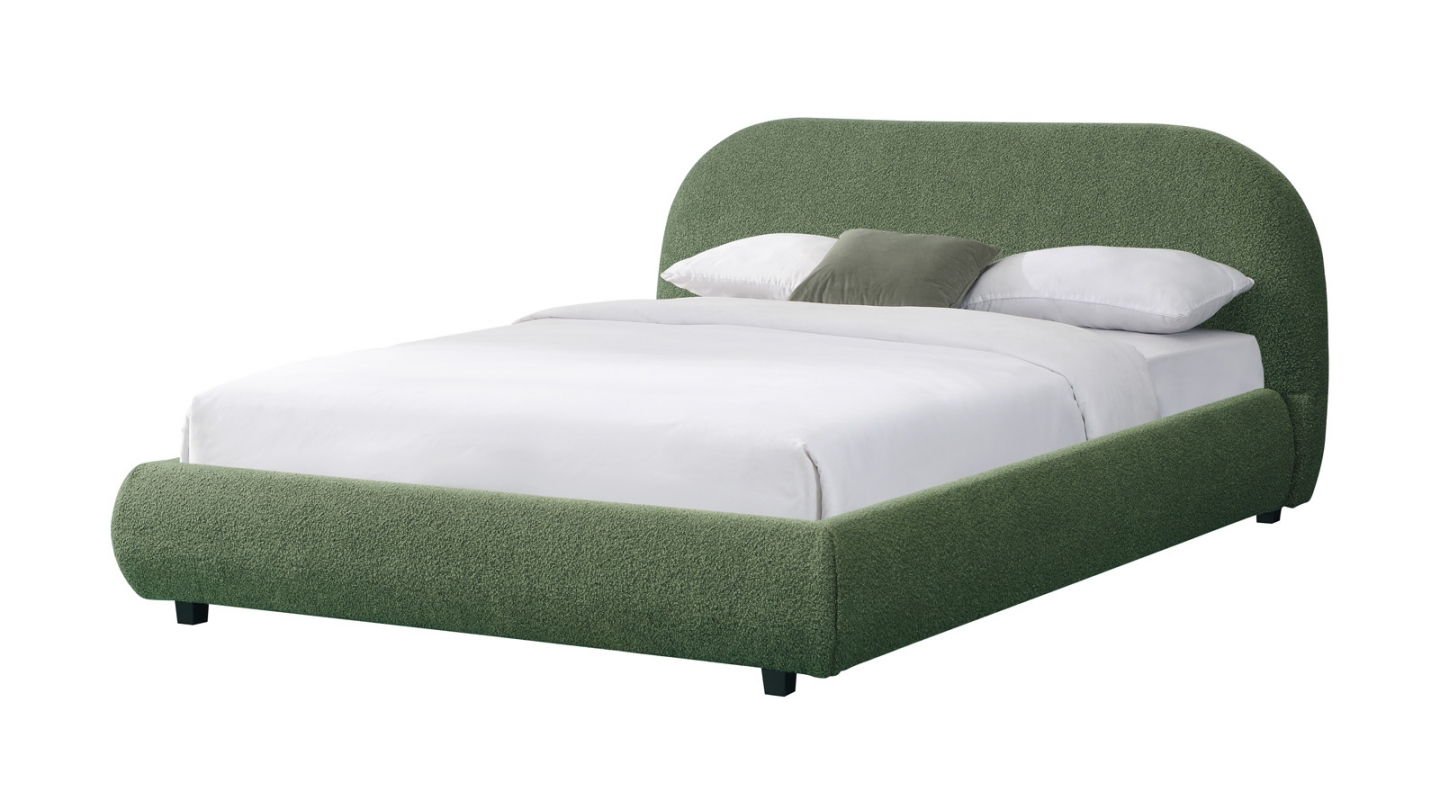 Lit adulte 140x190 cm avec sommier et tête de lit matelassée en tissu bouclé vert kaki - Maddie
