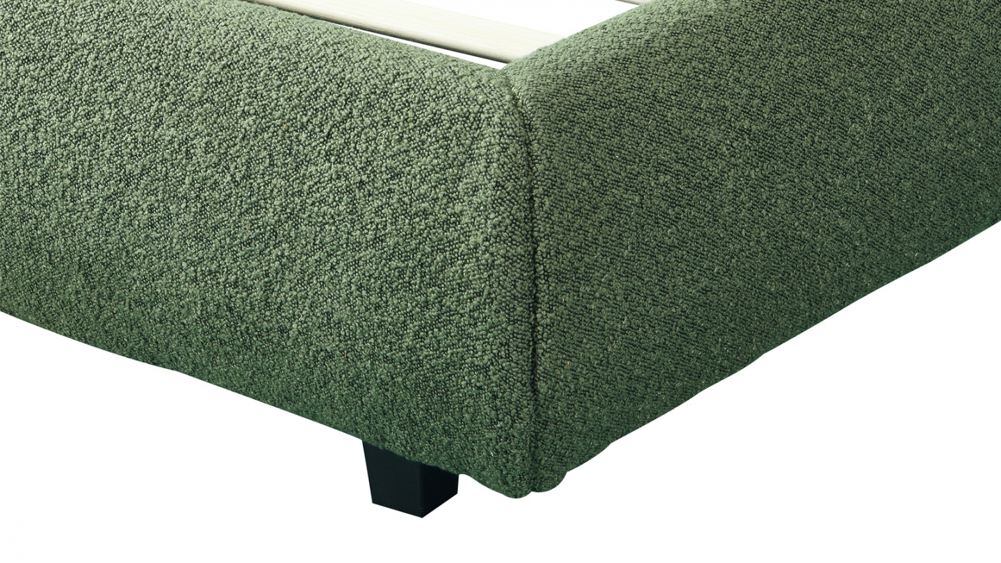 Lit adulte 140x190 cm avec sommier et tête de lit matelassée en tissu bouclé vert kaki - Maddie