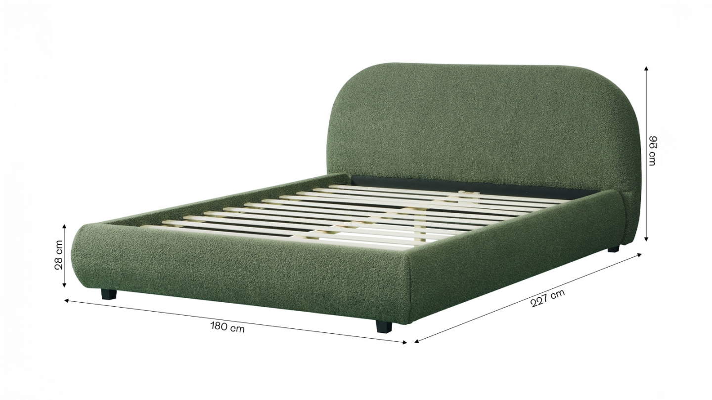Lit adulte 160x200 cm avec sommier et tête de lit matelassée en tissu bouclé vert kaki - Maddie