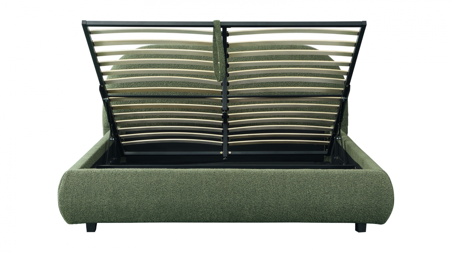 Lit coffre 160x200 cm avec tête de lit matelassée en tissu bouclé vert kaki - Madisson