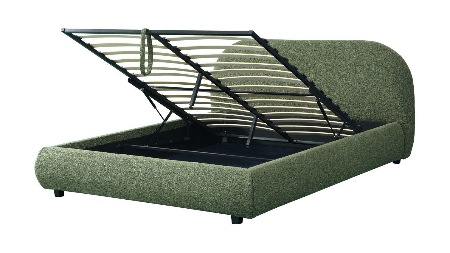 Lit coffre 160x200 cm avec tête de lit matelassée en tissu bouclé vert kaki - Madisson