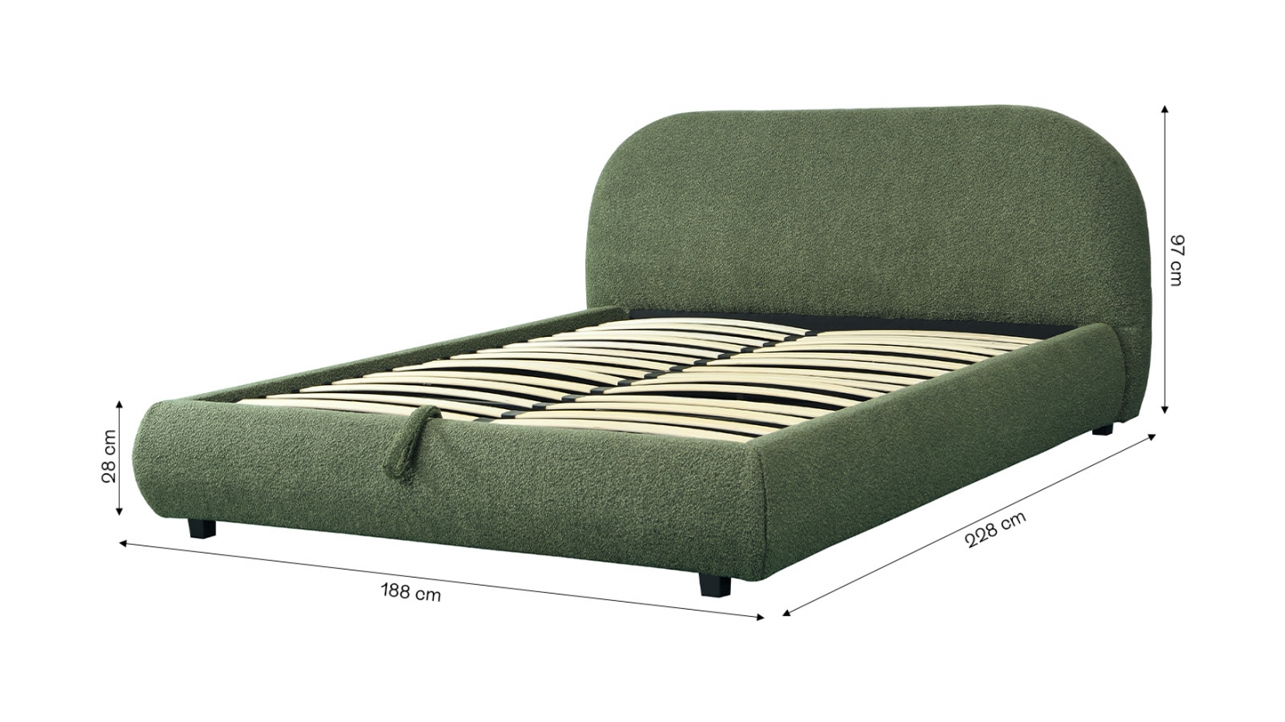 Lit coffre 160x200 cm avec tête de lit matelassée en tissu bouclé vert kaki - Madisson