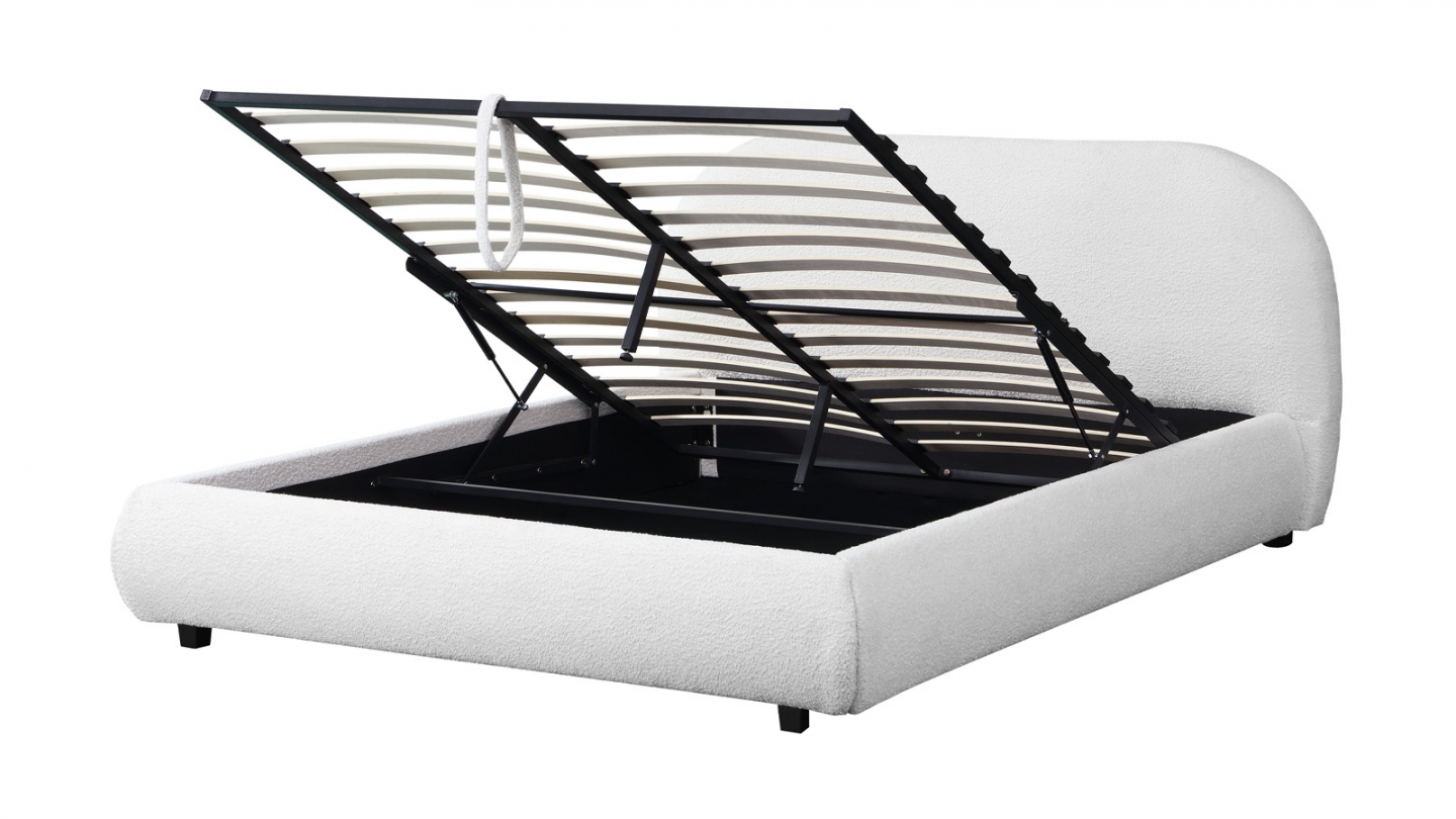 Lit coffre 160x200 cm avec tête de lit matelassée en tissu bouclé beige - Madisson
