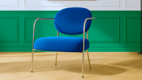 Fauteuil en velours côtelé bleu électrique et piètement chromé - Léon