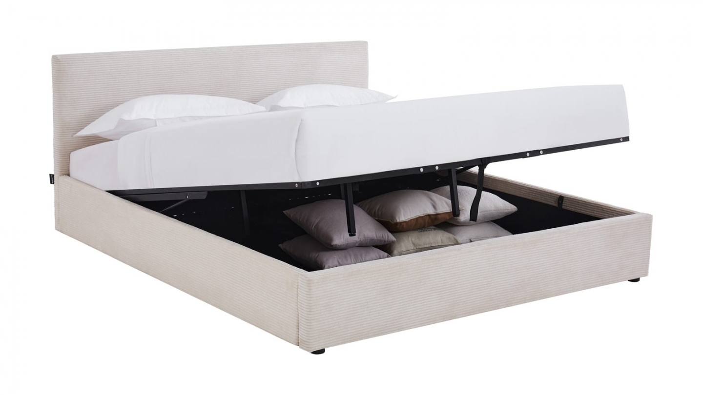 Ensemble Lit coffre adulte 180x200cm avec tête de lit en velours côtelé beige - Tina + Matelas mémoire de forme - Memo HR Ensemble Lit coffre adulte 180x200cm avec tête de lit en velours côtelé beige - Tina + Matelas mémoire de forme - Memo HR