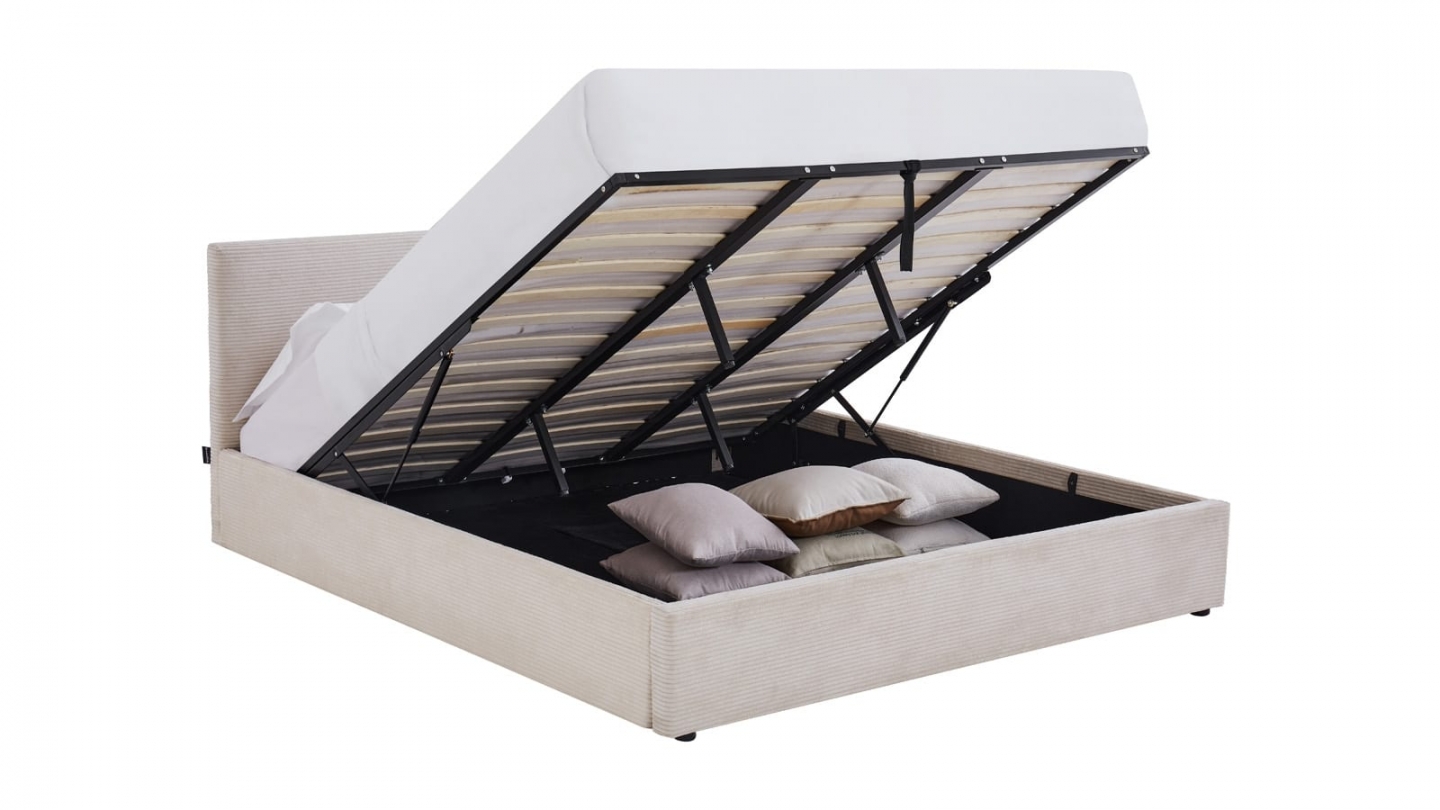 Ensemble Lit coffre adulte 180x200cm avec tête de lit en velours côtelé beige - Tina + Matelas mémoire de forme - Memo HR Ensemble Lit coffre adulte 180x200cm avec tête de lit en velours côtelé beige - Tina + Matelas mémoire de forme - Memo HR