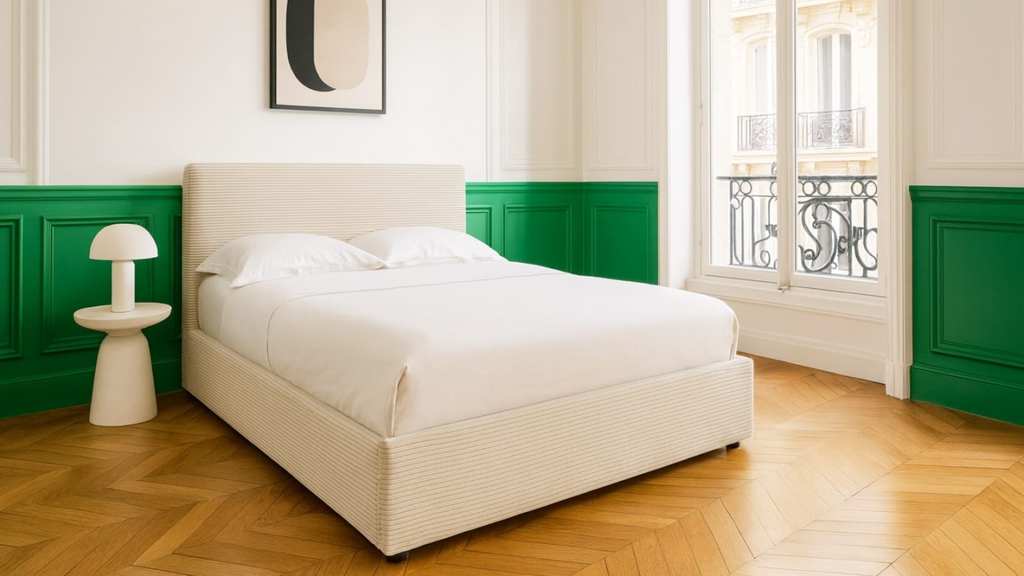 Ensemble Lit coffre adulte 180x200cm avec tête de lit en velours côtelé beige - Tina + Matelas mémoire de forme - Memo HR Ensemble Lit coffre adulte 180x200cm avec tête de lit en velours côtelé beige - Tina + Matelas mémoire de forme - Memo HR