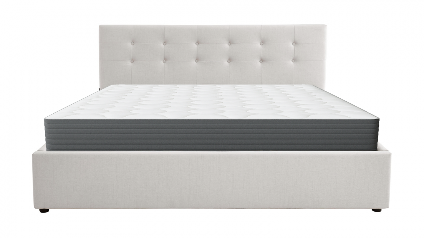 Ensemble Lit coffre adulte 180x200cm avec tête de lit en tissu beige - Tina + Matelas mémoire de forme - Memo HR