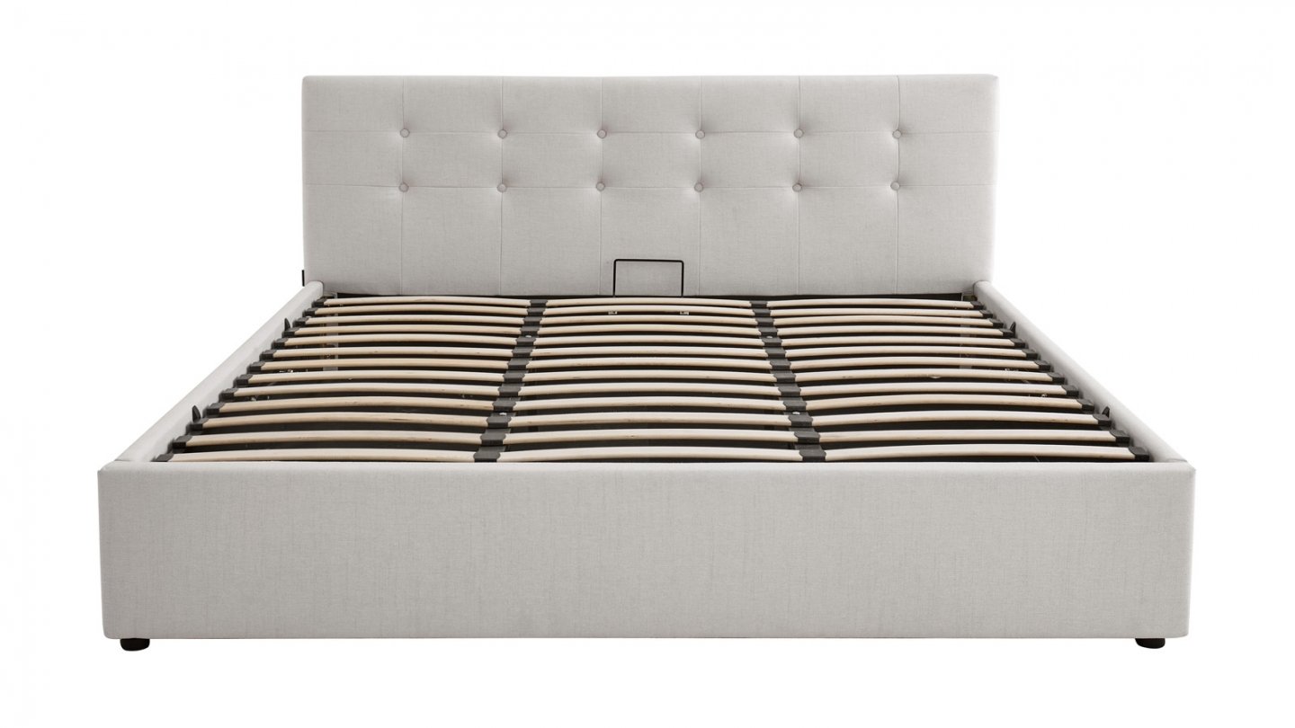 Ensemble Lit coffre adulte 180x200cm avec tête de lit en tissu beige - Tina + Matelas mémoire de forme - Memo HR