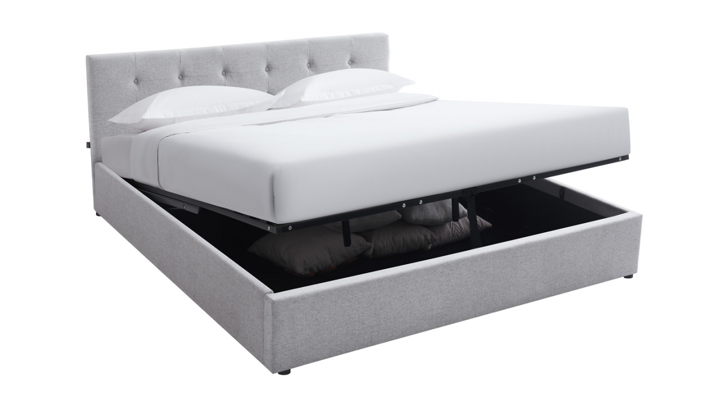 Ensemble Lit coffre adulte 180x200cm avec tête de lit en tissu gris - Tina + Matelas mémoire de forme - Memo HR