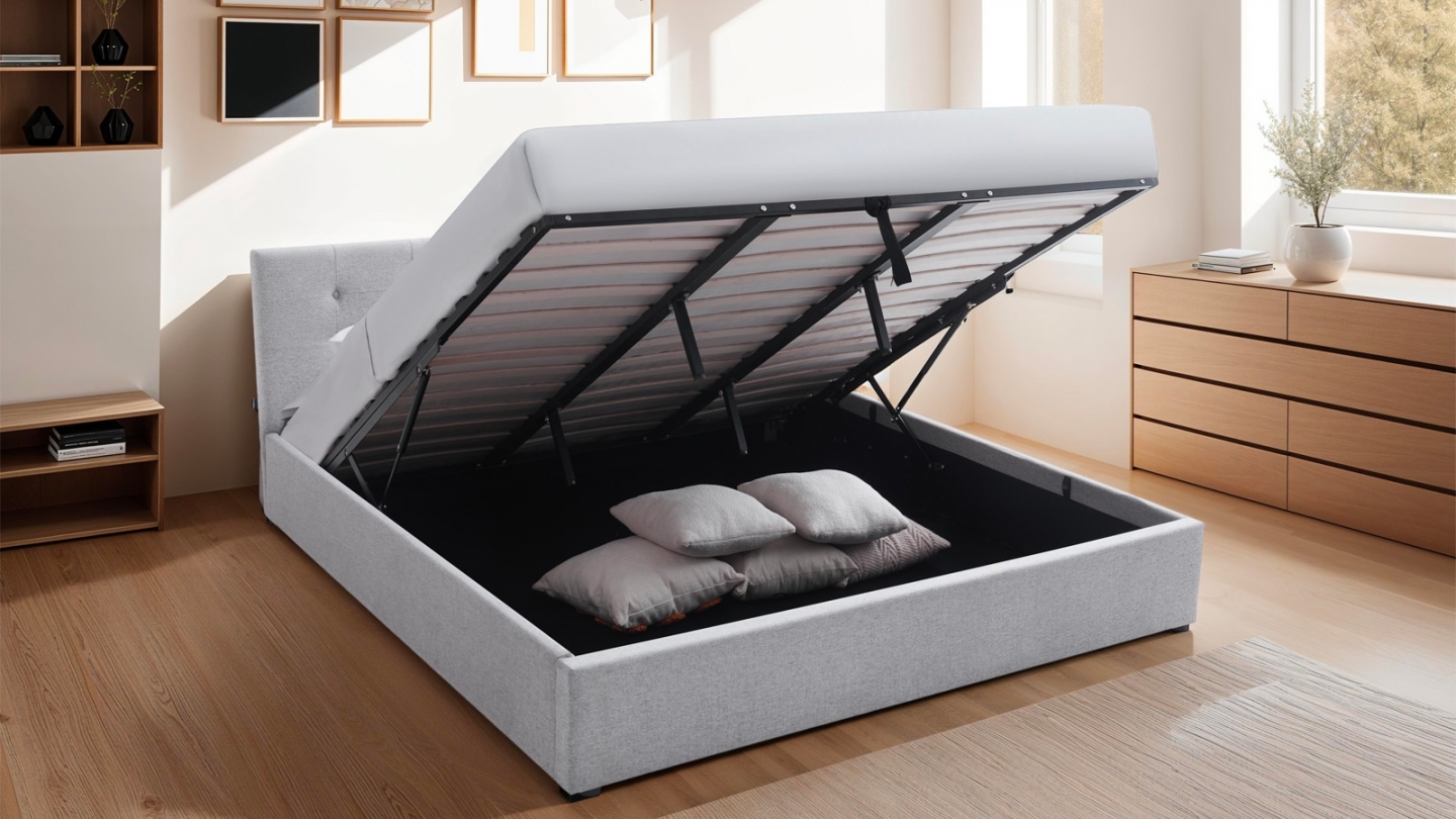 Ensemble Lit coffre adulte 180x200cm avec tête de lit en tissu gris - Tina + Matelas mémoire de forme - Memo HR