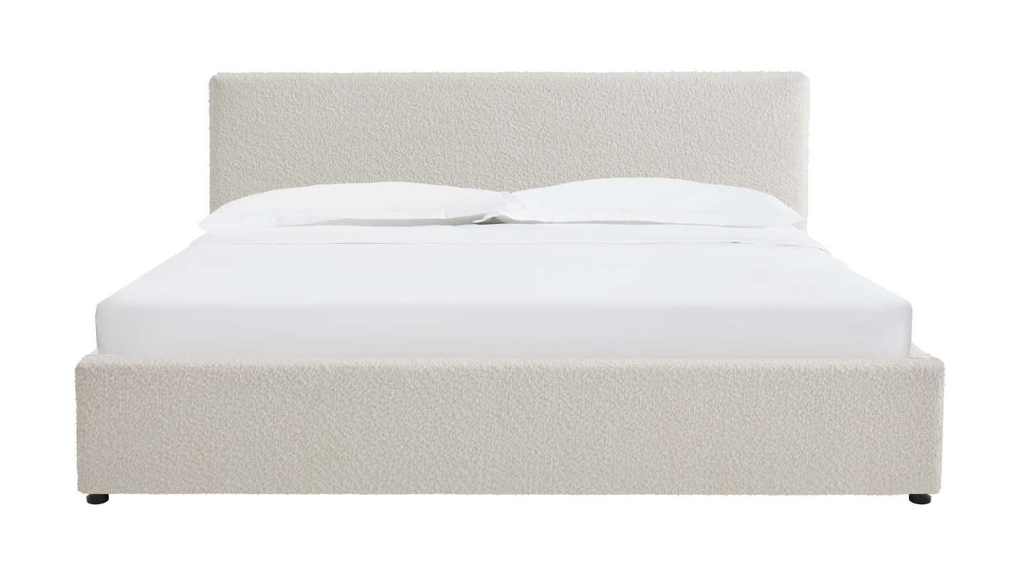 Ensemble Lit coffre adulte 180x200cm avec tête de lit en tissu bouclé beige - Tina + Matelas mémoire de forme - Memo HR