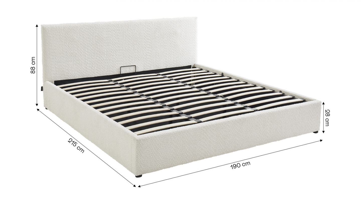 Ensemble Lit coffre adulte 180x200cm avec tête de lit en tissu bouclé beige - Tina + Matelas mémoire de forme - Memo HR
