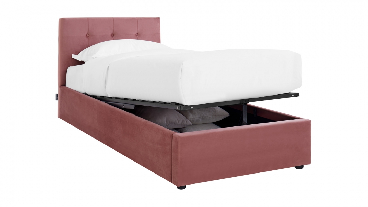 Ensemble Lit coffre adulte 90x190cm avec tête de lit en velours rose - Tina + Matelas ressorts ensachés - Spring Elite
