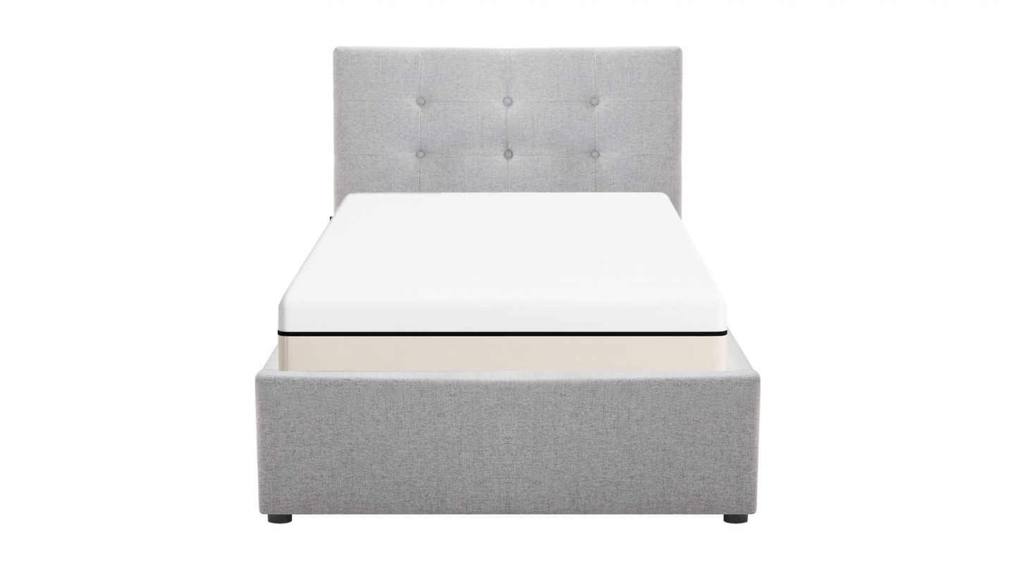 Ensemble Lit coffre adulte 90x190cm avec tête de lit en tissu gris - Tina + Matelas ressorts ensachés - Spring Elite