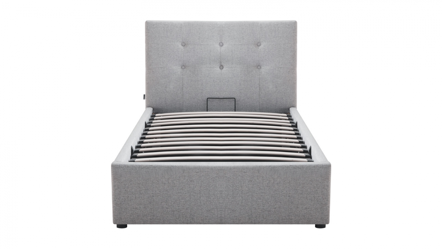 Ensemble Lit coffre adulte 90x190cm avec tête de lit en tissu gris - Tina + Matelas ressorts ensachés - Spring Elite