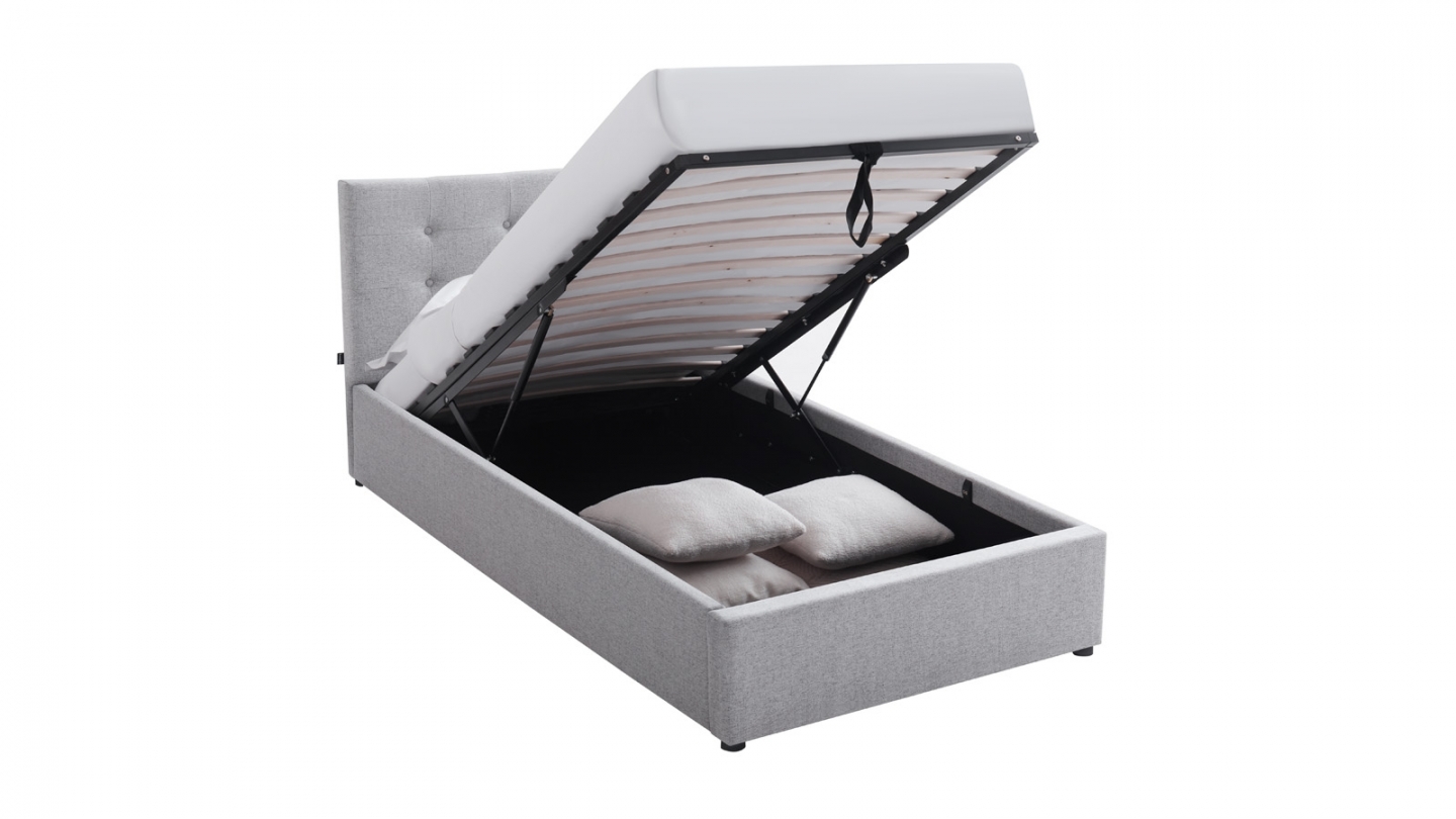 Ensemble Lit coffre adulte 90x190cm avec tête de lit en tissu gris - Tina + Matelas ressorts ensachés - Spring Elite