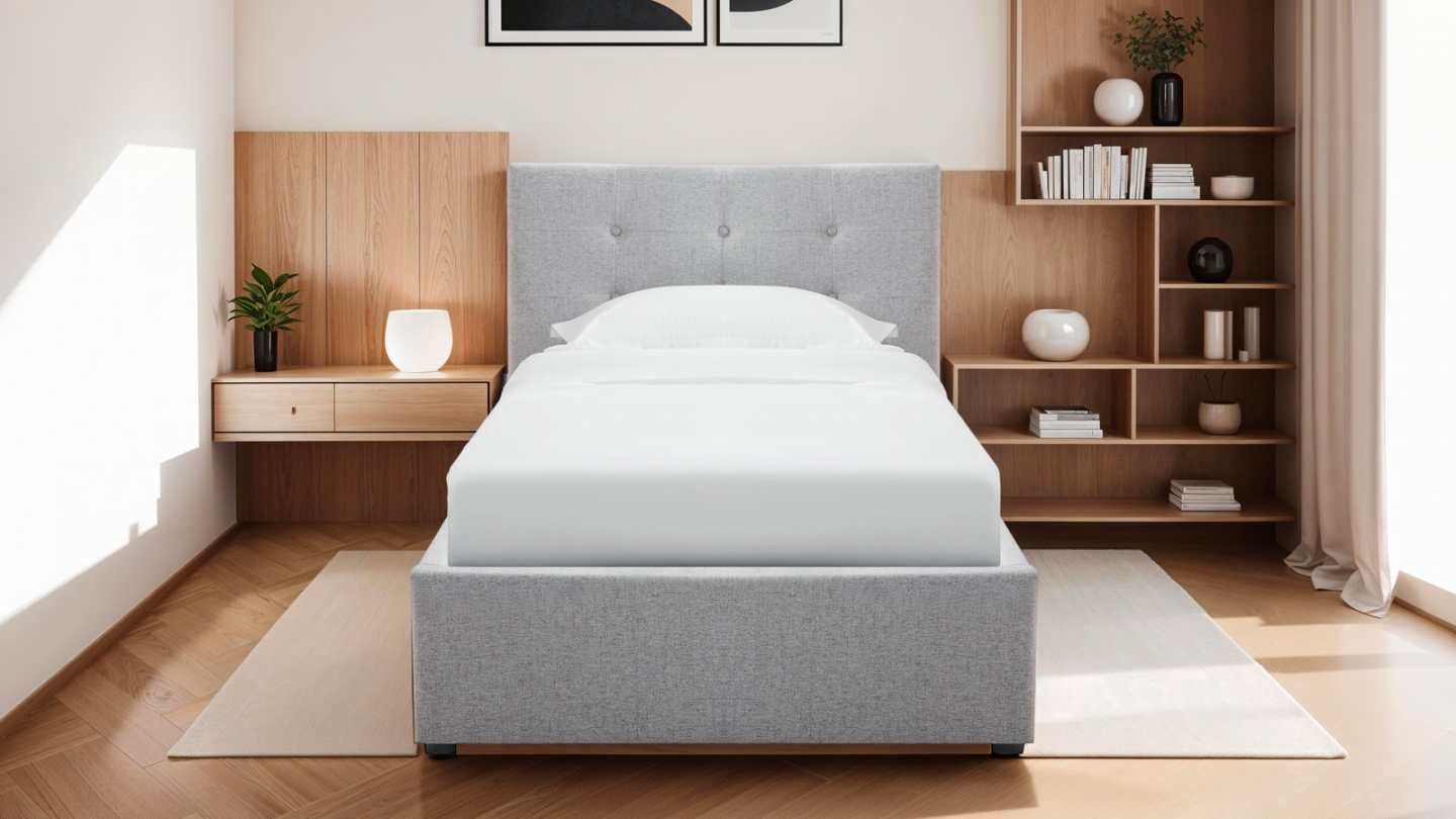 Ensemble Lit coffre adulte 90x190cm avec tête de lit en tissu gris - Tina + Matelas ressorts ensachés - Spring Elite