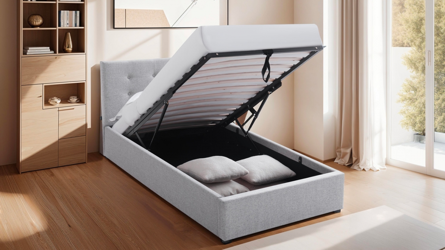 Ensemble Lit coffre adulte 90x190cm avec tête de lit en tissu gris - Tina + Matelas ressorts ensachés - Spring Elite