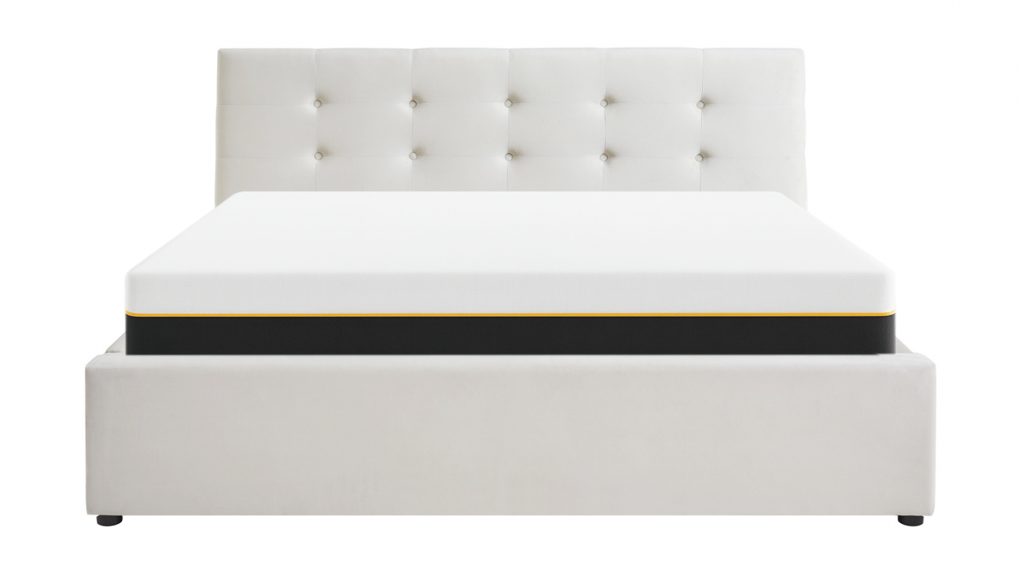 Lit 160 x 200 cm avec tête de lit capitonnée tissu beige - ELIDE Lit 160 x 200 cm avec tête de lit capitonnée tissu beige - ELIDE