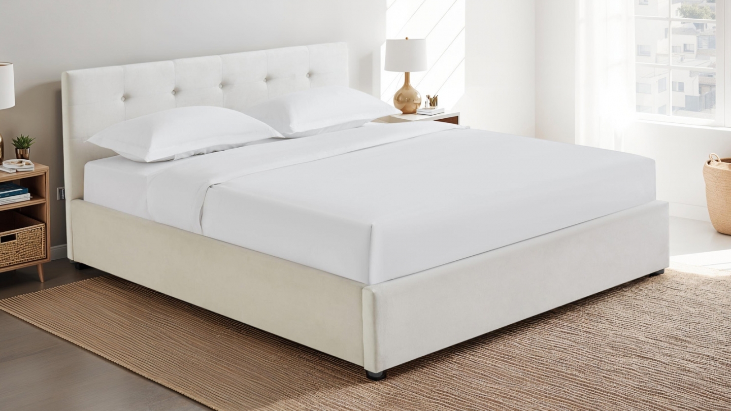 Ensemble Lit coffre adulte 160x200cm avec tête de lit en velours beige - Tina + Matelas mémoire de forme - Dual Confort