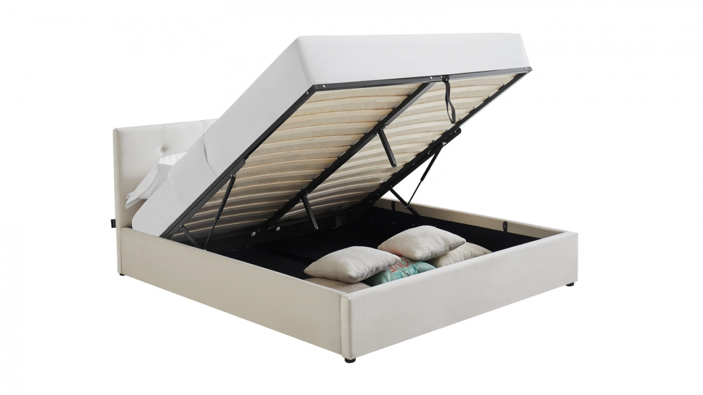 Ensemble Lit coffre adulte 160x200cm avec tête de lit en velours beige - Tina + Matelas mémoire de forme - Dual Confort