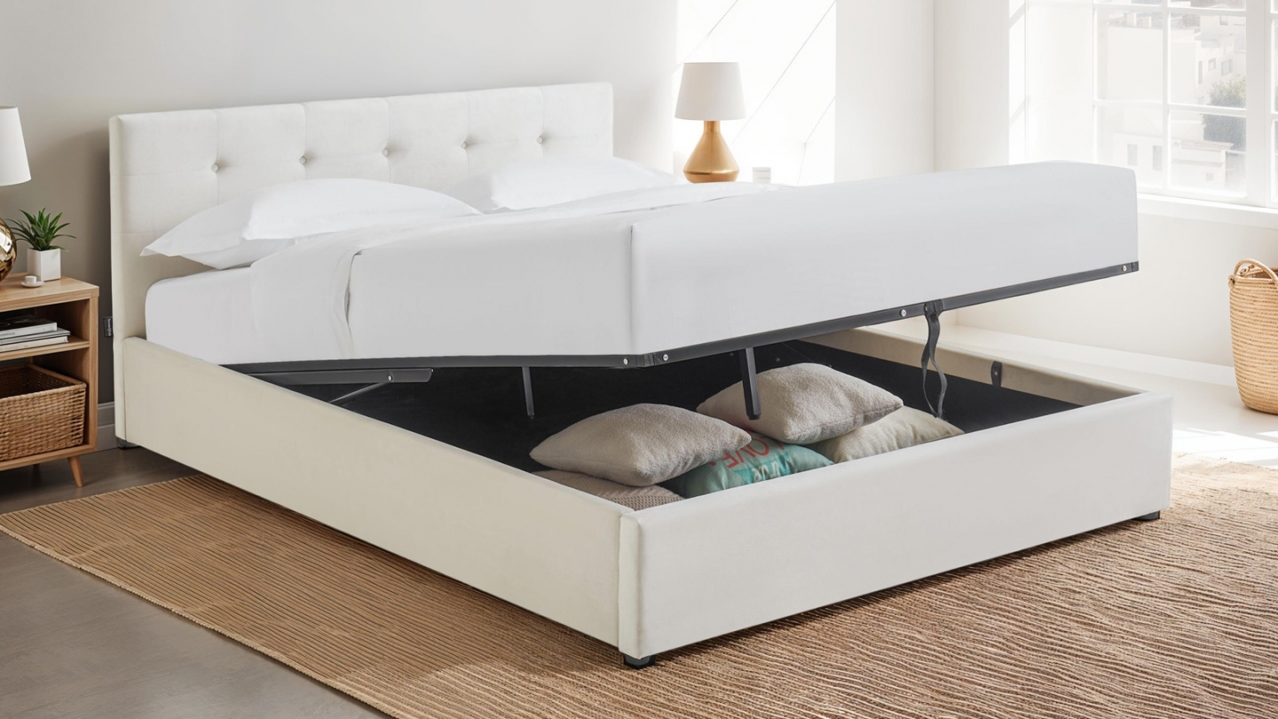 Ensemble Lit coffre adulte 160x200cm avec tête de lit en velours beige - Tina + Matelas ressorts ensachés - Spring Elite