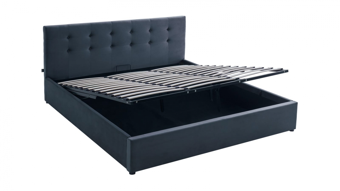 Ensemble Lit coffre adulte 180x200cm avec tête de lit en velours gris foncé - Tina + Matelas mémoire de forme - Dual Confort