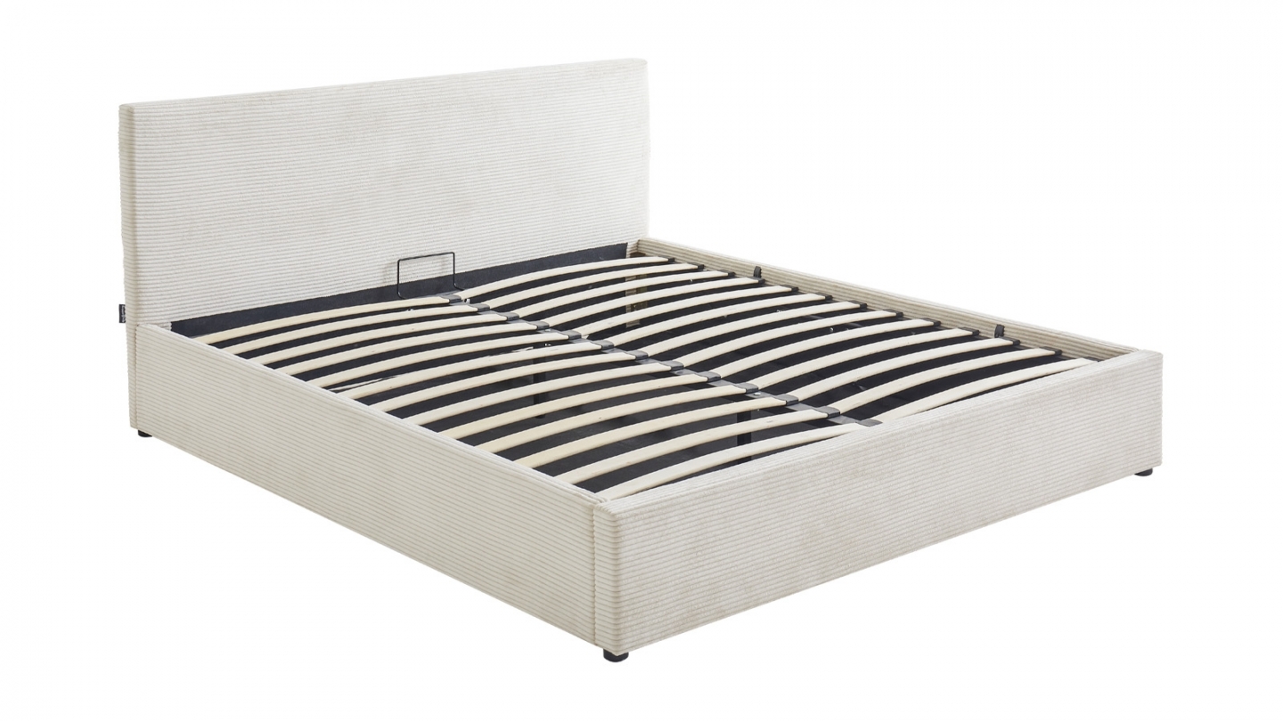 Ensemble Lit coffre adulte 140x190cm avec tête de lit en velours côtelé beige - Tina + Matelas mémoire de forme - Dual Confort Ensemble Lit coffre adulte 140x190cm avec tête de lit en velours côtelé beige - Tina + Matelas mémoire de forme - Dual Confort