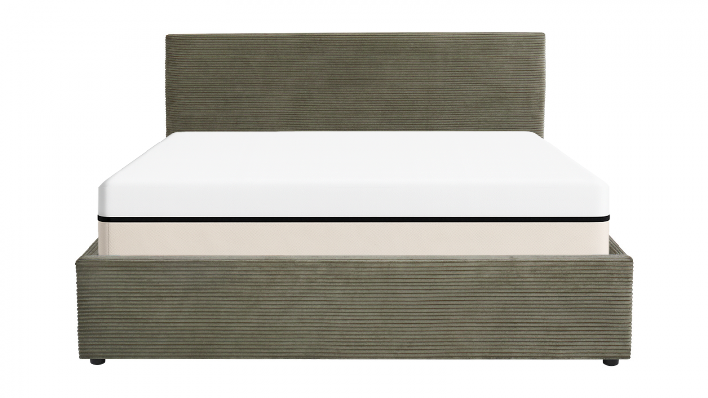 Ensemble Lit coffre adulte 140x190cm avec tête de lit en velours côtelé vert - Tina + Matelas ressorts ensachés - Spring Elite