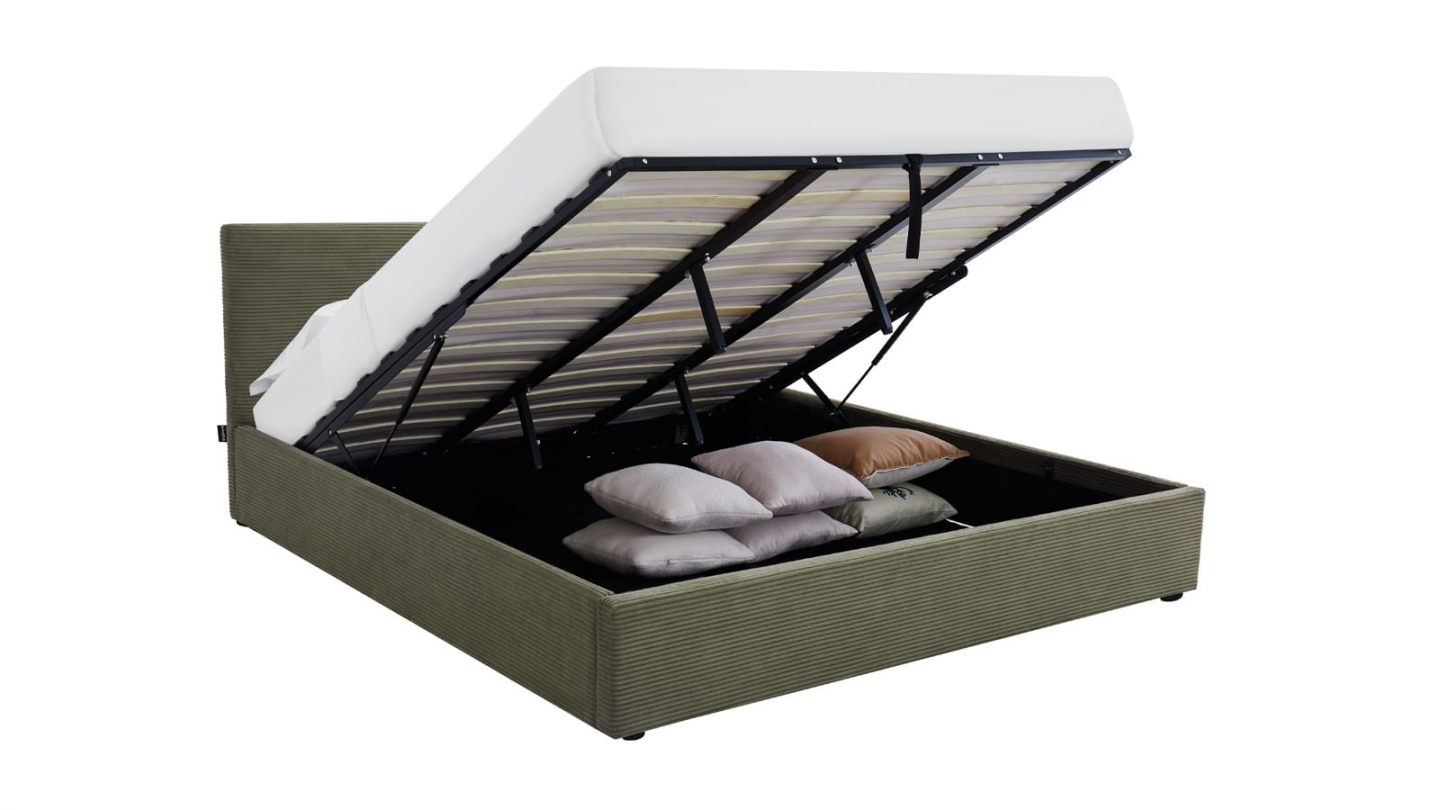 Ensemble Lit coffre adulte 180x200cm avec tête de lit en velours côtelé vert - Tina + Matelas mémoire de forme - Dual Confort