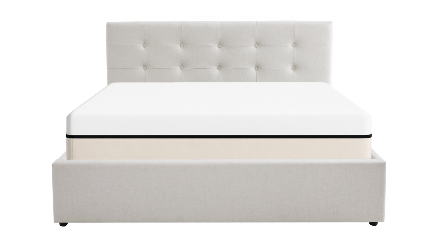 Ensemble Lit coffre adulte 140x190cm avec tête de lit en tissu beige - Tina + Matelas ressorts ensachés - Spring Elite