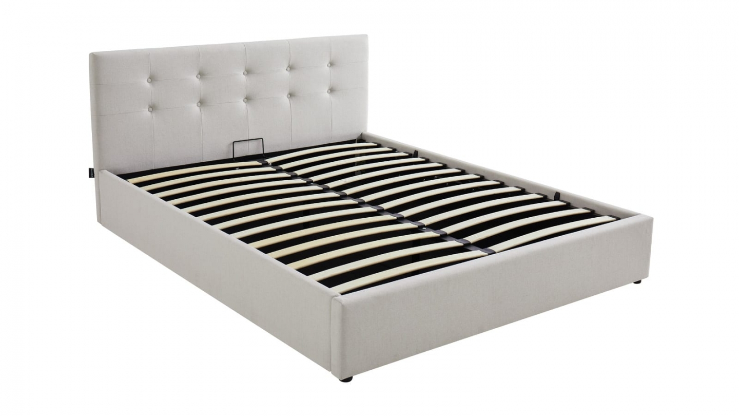 Ensemble Lit coffre adulte 140x190cm avec tête de lit en tissu beige - Tina + Matelas ressorts ensachés - Spring Elite