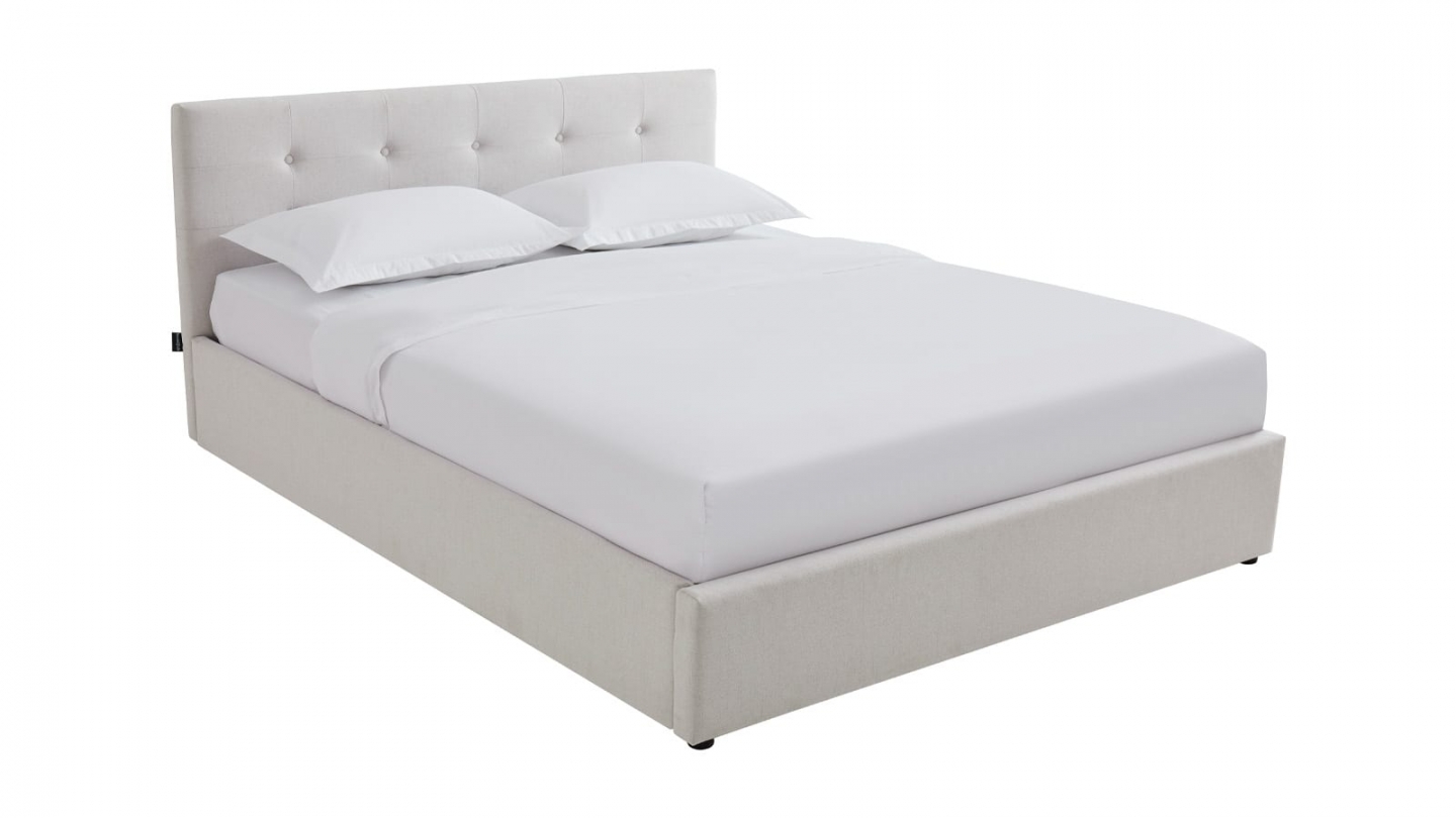 Ensemble Lit coffre adulte 160x200cm avec tête de lit en tissu beige - Tina + Matelas ressorts ensachés - Spring Elite