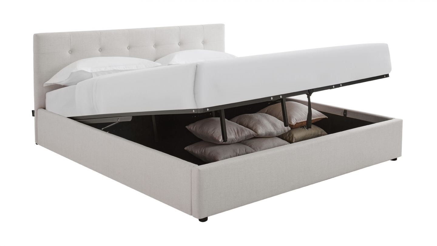 Ensemble Lit coffre adulte 180x200cm avec tête de lit en tissu beige - Tina + Matelas mémoire de forme - Dual Confort