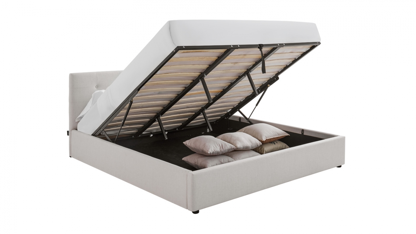 Ensemble Lit coffre adulte 180x200cm avec tête de lit en tissu beige - Tina + Matelas mémoire de forme - Dual Confort