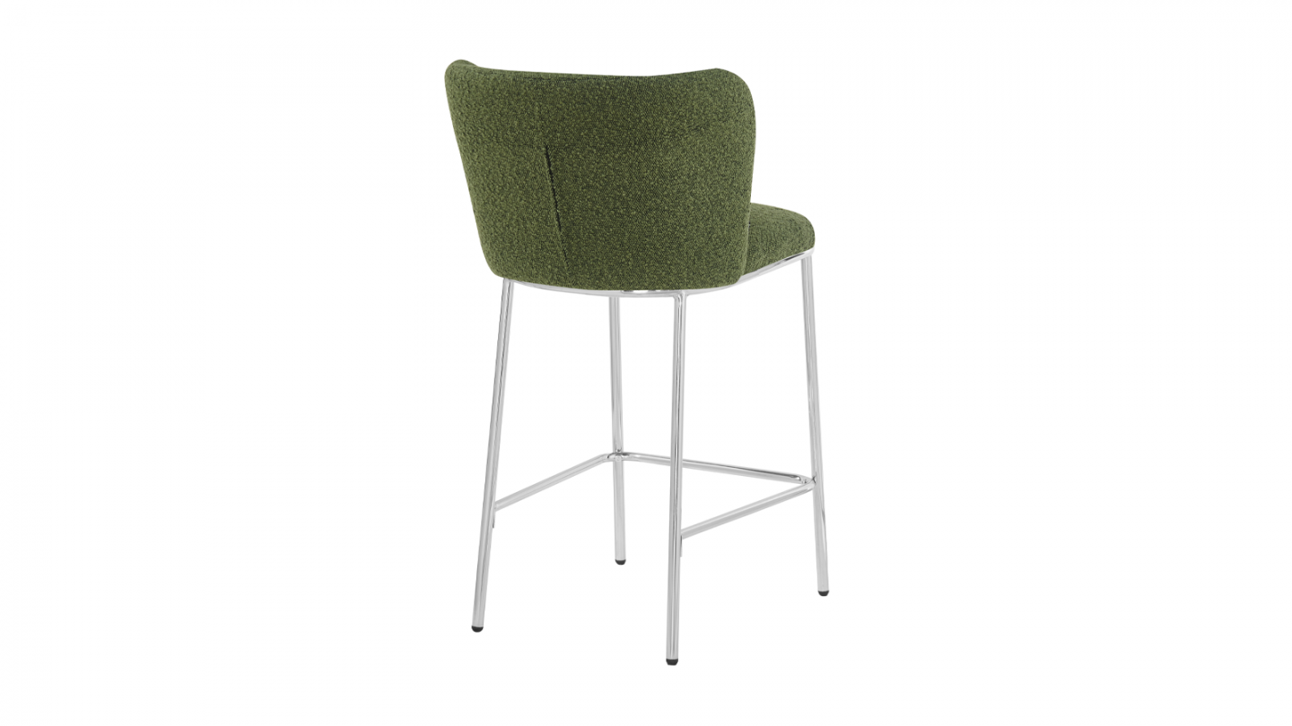 Lot de 2 tabourets de bar en tissu bouclé vert, piètement chromé - Toma