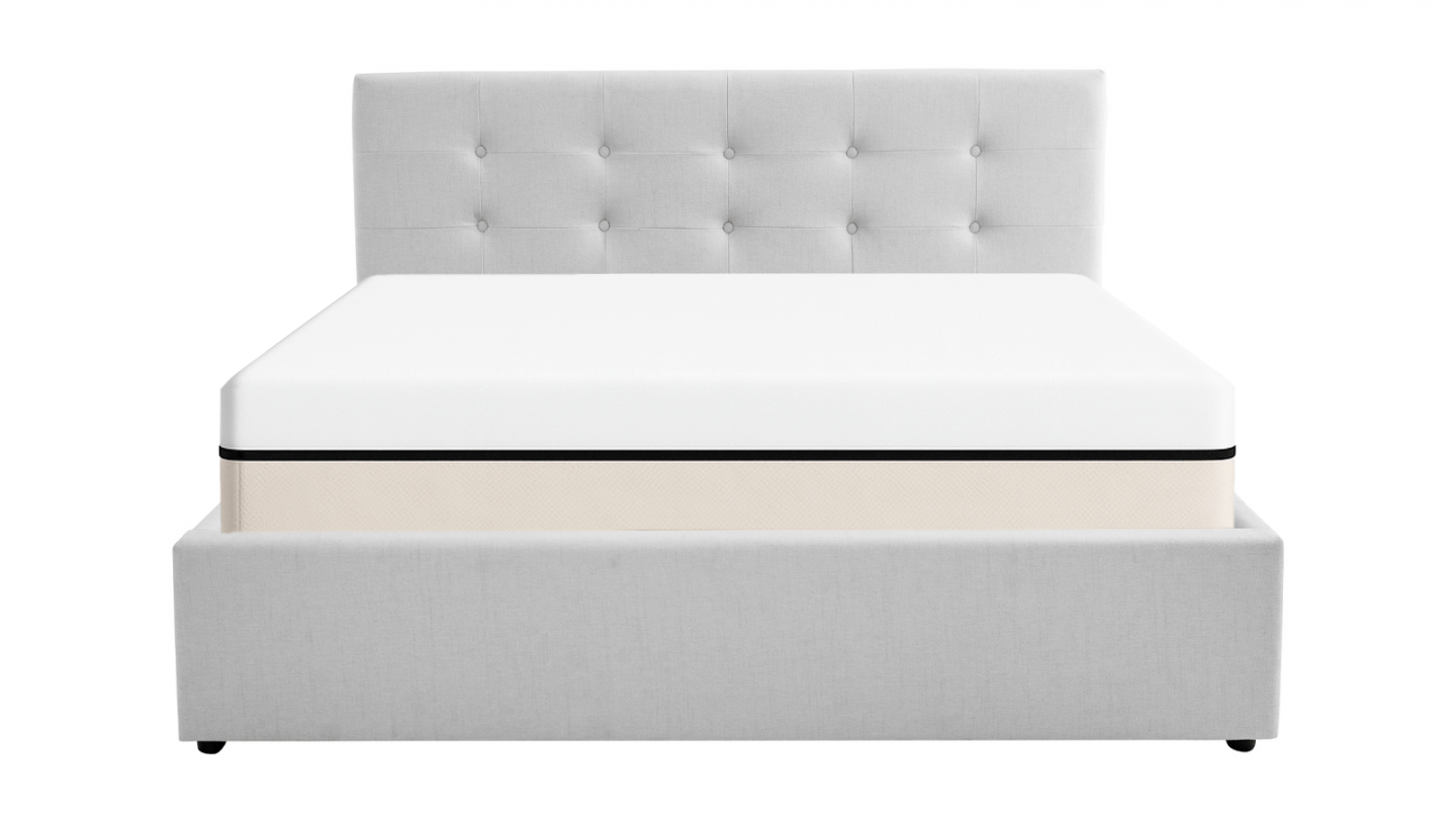 Ensemble Lit coffre adulte 140x190cm avec tête de lit en tissu gris - Tina + Matelas ressorts ensachés - Spring Elite