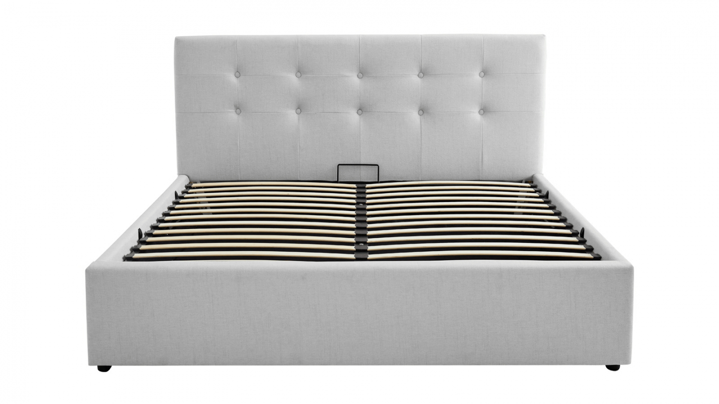 Ensemble Lit coffre adulte 140x190cm avec tête de lit en tissu gris - Tina + Matelas ressorts ensachés - Spring Elite