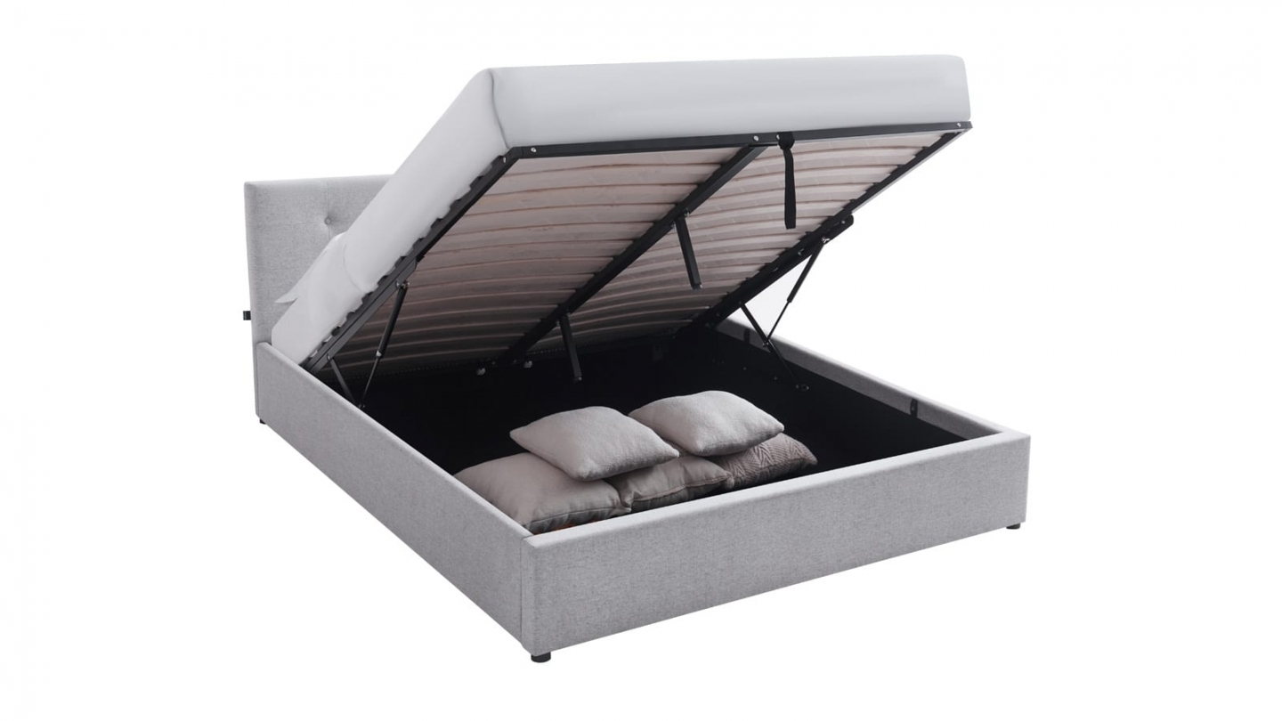Ensemble Lit coffre adulte 140x190cm avec tête de lit en tissu gris - Tina + Matelas ressorts ensachés - Spring Elite