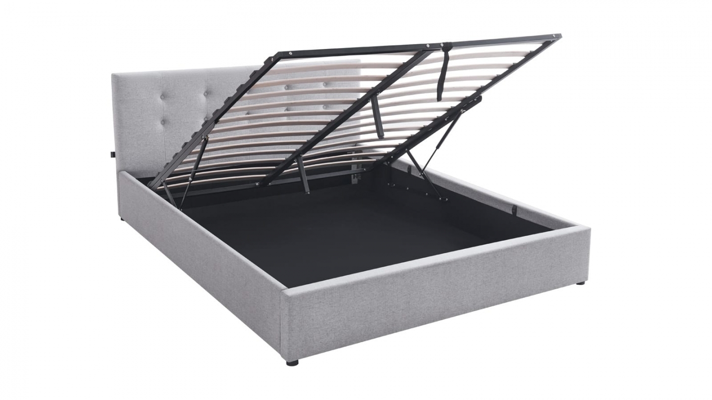 Ensemble Lit coffre adulte 140x190cm avec tête de lit en tissu gris - Tina + Matelas mémoire de forme - Dual Confort Ensemble Lit coffre adulte 140x190cm avec tête de lit en tissu gris - Tina + Matelas mémoire de forme - Dual Confort